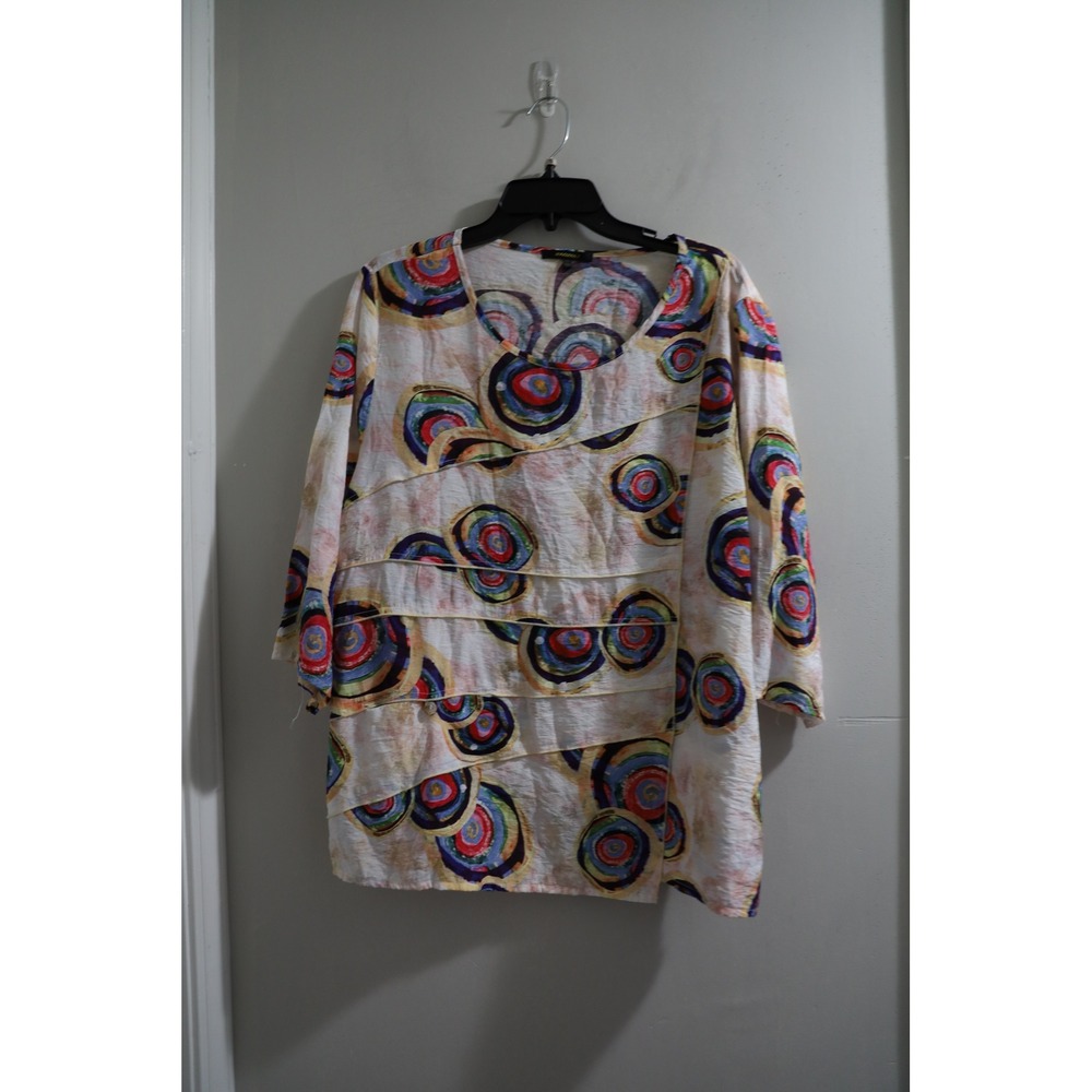 Radzoli‎ 2X Tunic Top Tiered White Multicolor Abstract Print Rayon Blend